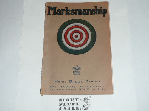 Marksmanship Merit Badge Pamphlet, Type 3, Tan Cover, 11-40 Printing, some spine wear from library binding but book is solid