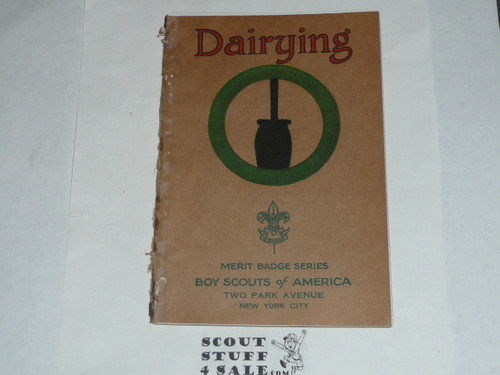Dairying Merit Badge Pamphlet, Type 3, Tan Cover, 11-37 Printing, some spine wear from library binding but book is solid