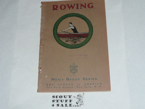 Rowing Merit Badge Pamphlet, Type 3, Tan Cover, 7-40,  Printing, some spine wear from library binding but book is solid