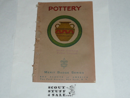 Pottery Merit Badge Pamphlet, Type 3, Tan Cover, 3-39 Printing, some spine wear from library binding but book is solid