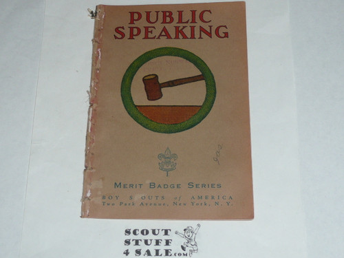 Public Speaking Merit Badge Pamphlet, Type 3, Tan Cover, 4-39 Printing, some spine wear from library binding but book is solid