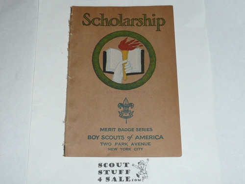 Scholarship Merit Badge Pamphlet, Type 3, Tan Cover, 2-40 Printing, some spine wear from library binding but book is solid