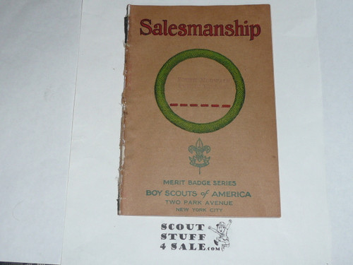 Salesmanship Merit Badge Pamphlet, Type 3, Tan Cover, 7-40 Printing, some spine wear from library binding but book is solid