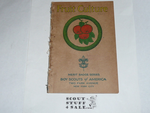 Fruit Culture Merit Badge Pamphlet, Type 3, Tan Cover, 2-39 Printing, some spine wear from library binding but book is solid