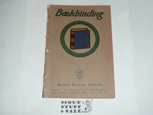 Bookbinding Merit Badge Pamphlet, Type 3, Tan Cover, 12-40 Printing, some spine wear from library binding but book is solid