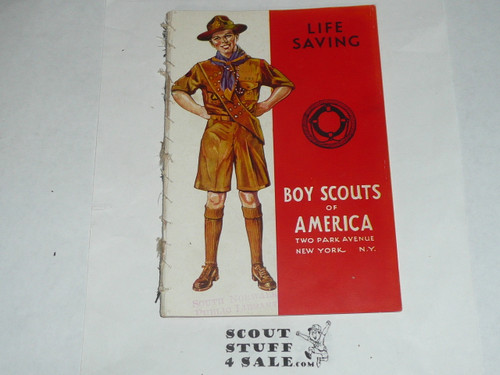 Lifesaving Merit Badge Pamphlet, Type 4, Standing Scout Cover, 4-40 Printing, some spine wear from library binding but book is solid