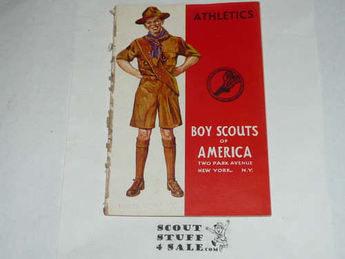 Athletics Merit Badge Pamphlet, Type 4, Standing Scout Cover, 1-41 Printing, some spine wear from library binding but book is solid