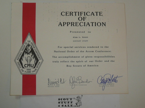 National Order of the Arrow Conference (NOAC), 1986 Certificate of Appreciation