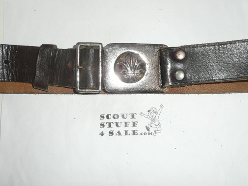 British Boy Scout Belt Buckle on Leather Belt, 37" length, Lite Use