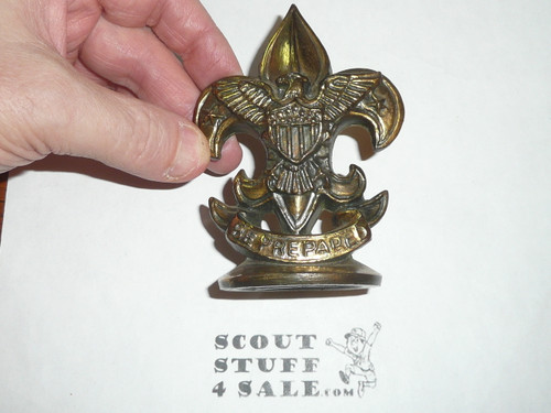 boy scout emblem metall paper weight, Brass, 1940s, 4 in. high by 2 5 in wide