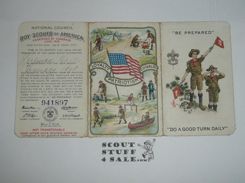 1920 Boy Scout Membership Card, 3-fold, with the Envelope, 5 signatures, expires January 1921, BSMC129