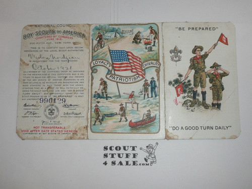 1921 Boy Scout Membership Card, 3-fold, with the Envelope, 5 signatures, expires October 1921, BSMC131