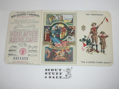 1926 Boy Scout Membership Card, 3-fold, with the Envelope, 7 signatures, RARE Storrow as President, with West Message Insert, expires December 1926, BSMC136