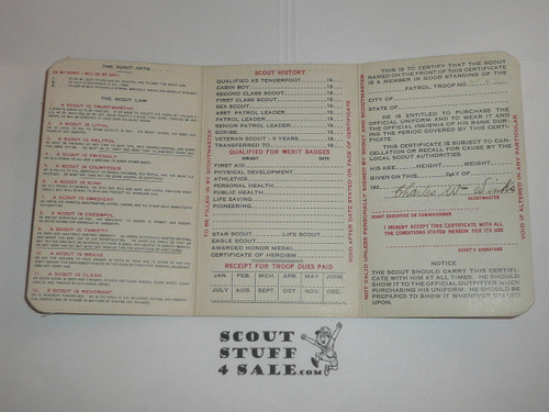 1928 Boy Scout Membership Card, 3-fold, with the Envelope, 7 signatures, expires February 1928, BSMC138