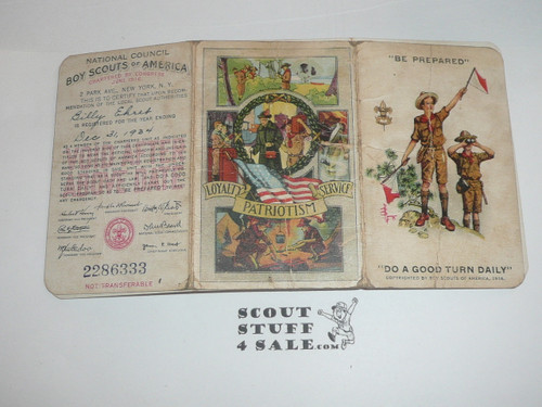 1934 Boy Scout Membership Card, 3-fold, with the Envelope, 7 signatures, expires December 1934, BSMC150