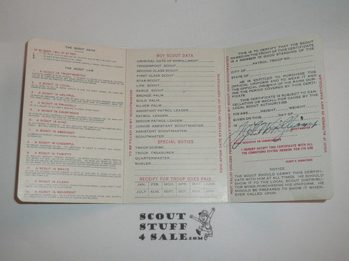 1936 Boy Scout Membership Card, 3-fold, with the Envelope, 7 signatures, expires February 1936, BSMC153