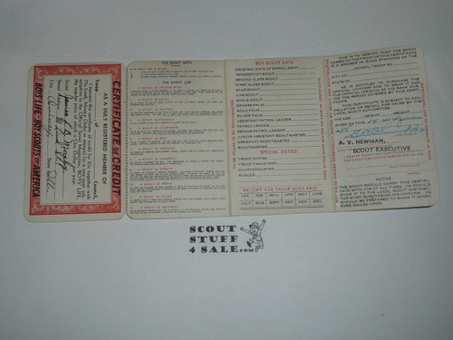 1939 Boy Scout Membership Card, 3-fold, with the Envelope, 7 signatures, with RARE 4th perforated fold still attached, Marked Explorer Scout, expires January 1939, BSMC181