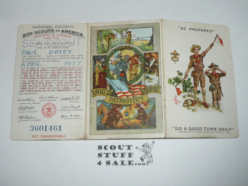 1937 Boy Scout Membership Card, 3-fold, with the Envelope, 7 signatures, Stamped Sea Scout, expires April 1937, BSMC184