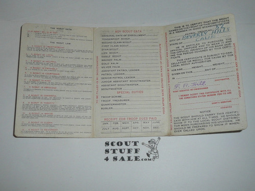 1937 Boy Scout Membership Card, 3-fold, with the Envelope, 7 signatures, Stamped Sea Scout, expires April 1937, BSMC184