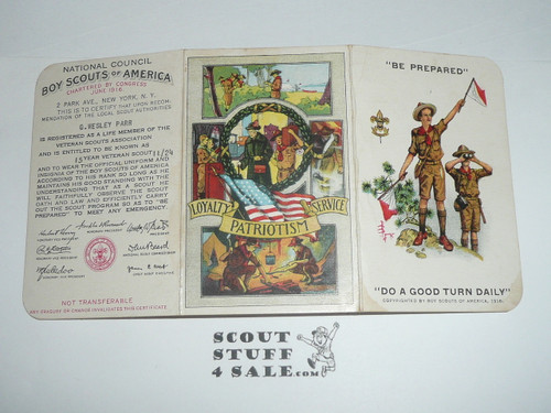 1924 Boy Scout VETERAN Membership Card, 3-fold, with the Envelope, 7 signatures, November 1924, BSMC186