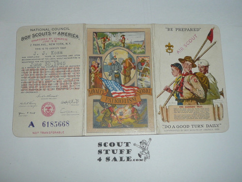 1945 Boy Scout Membership Card, 3-fold, with the Envelope, Stamped AIR SCOUT, 5 signatures, expires June 1945, BSMC190