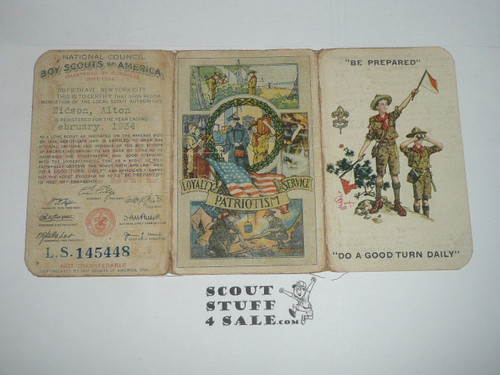 1934 Boy Scout LONE SCOUT Membership Card, 3-fold, with the Envelope, 7 signatures, expires February 1934, BSMC194