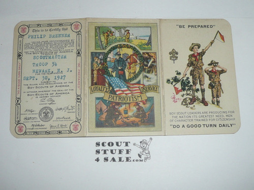 1927 Boy Scout Adult Membership Card, 3-fold, with the Envelope, 7 signatures, expires September 1927, BSMC212
