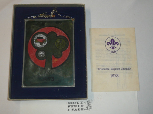 1973 World Scout Organization Stained Glass Tableu with Paperwork, 5" x 6.5"