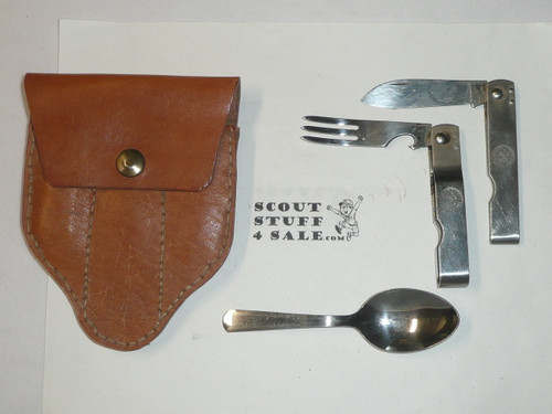 1960's Official Boy Scout Utensil Set, Fork Knife & Spoon with Leather Case, Made By Schrade, with leather case, like new