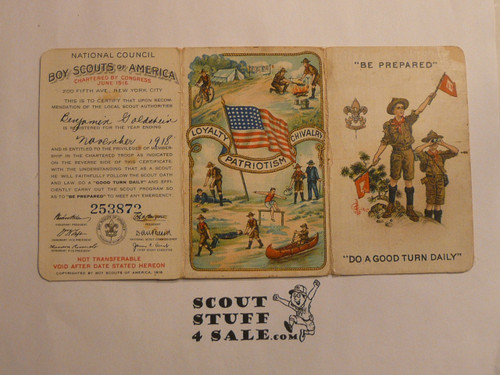 1919 Boy Scout Membership Card, 3-fold, with the Envelope, 6 signatures, expires October 1919, BSMC258