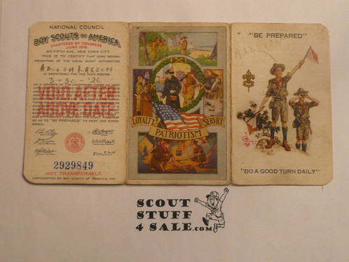 1926 Boy Scout Membership Card, 3-fold, with envelope, 6 signatures, expires May 1926, BSMC270