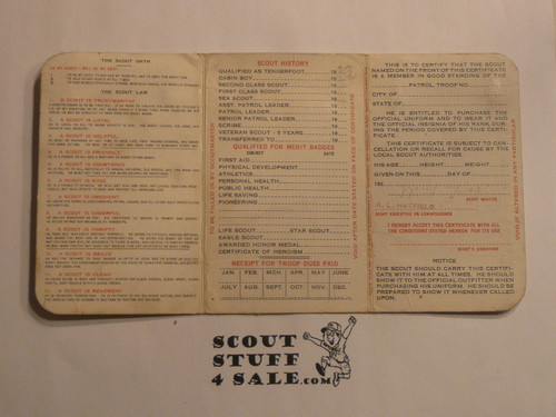 1926 Boy Scout Membership Card, 3-fold, with the Envelope, 7 signatures, RARE Storrow as President, expires September 1927, BSMC273