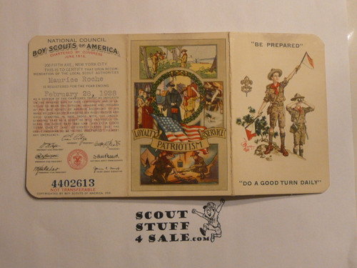 1928 Boy Scout Membership Card, 3-fold, 7 signatures, expires February 1928, BSMC275