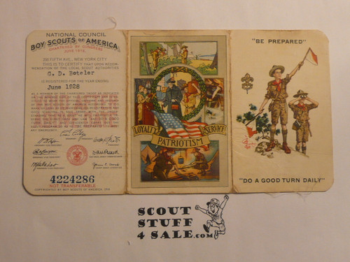 1928 Boy Scout Membership Card, with envelope, 3-fold, 7 signatures, expires June 1928, BSMC277