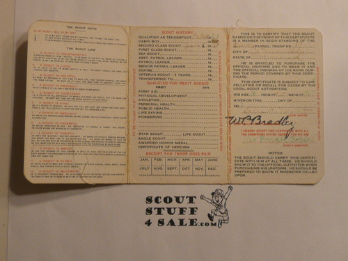 1928 Boy Scout Membership Card, with envelope, 3-fold, 7 signatures, expires June 1928, BSMC277