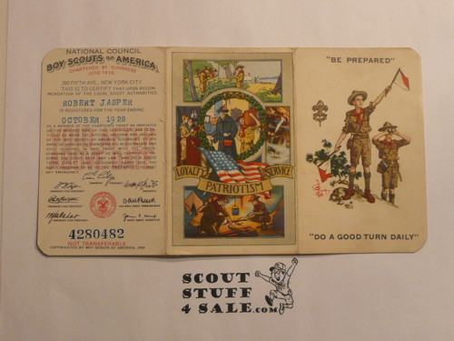 1928 Boy Scout Membership Card,  3-fold, 7 signatures, expires October 1928, BSMC278