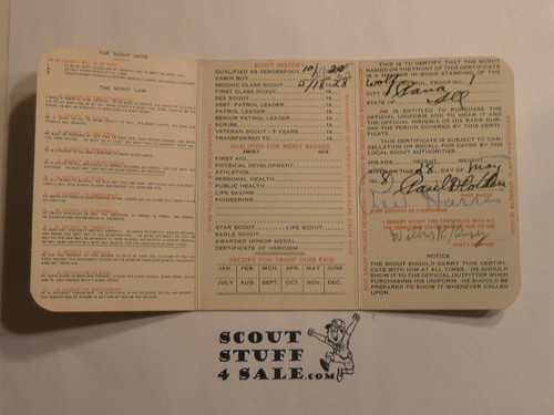 1928 Boy Scout Membership Card,  3-fold, 7 signatures, expires December1928, BSMC279