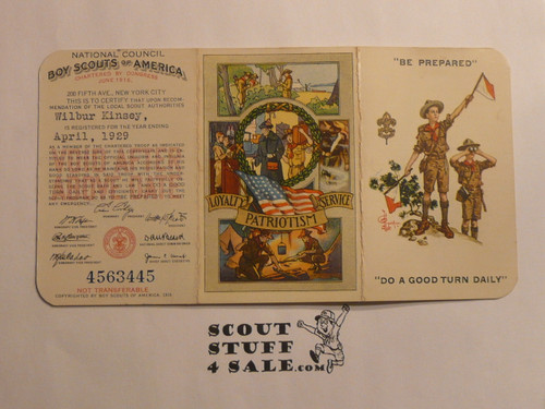 1929 Boy Scout Membership Card,  3-fold, 7 signatures, expires April 1929, BSMC280