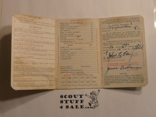 1930 Boy Scout Membership Card,  with envelope, 3-fold, 7 signatures, expires February 1930, BSMC282