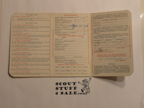 1930 Boy Scout Membership Card,  with envelope, 3-fold, 8 signatures, expires April 1930, BSMC283