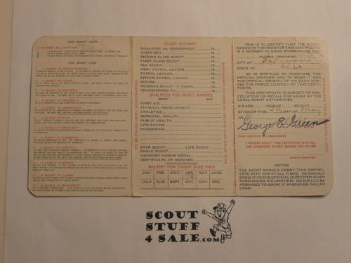 1930 Boy Scout Membership Card, 3-fold, 8 signatures, expires April 1930, BSMC284