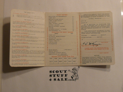 1931 Boy Scout Membership Card, 3-fold, 7 signatures, expires June 1931, BSMC287