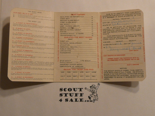 1933 Boy Scout Membership Card, with envelope, 3-fold, 7 signatures, expires April 1933, BSMC295