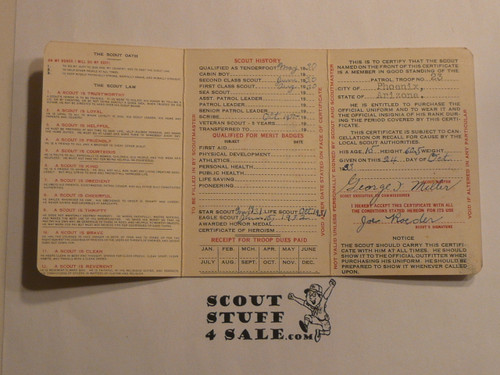 1934 Boy Scout Membership Card, 3-fold, 7 signatures, expires August 1934, BSMC297