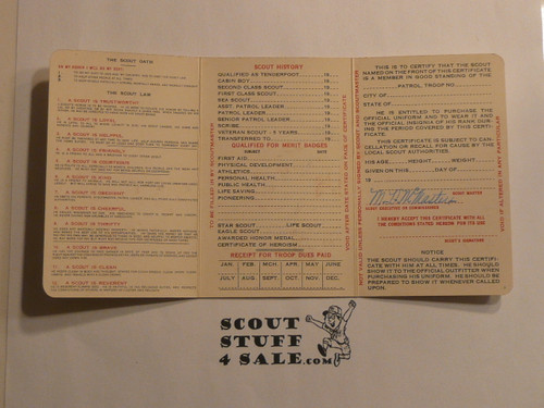 1934 Boy Scout Membership Card, 3-fold, 7 signatures, expires September 1934, BSMC299