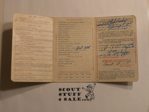 1935 Boy Scout Membership Card, 3-fold, with envelope, 7 signatures, expires February 1935, BSMC302