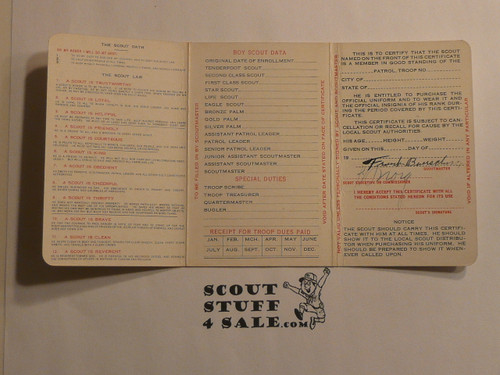 1936 Boy Scout Membership Card, 3-fold, 7 signatures, expires September 1936, BSMC310