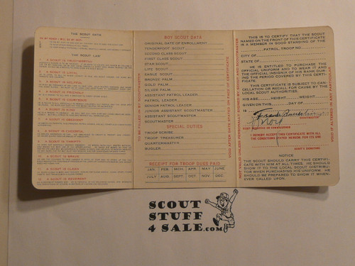 1936 Boy Scout Membership Card, 3-fold, 7 signatures, expires September 1936, BSMC314