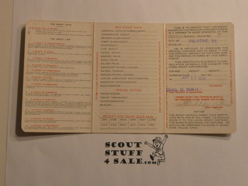 1936 Boy Scout Membership Card, 3-fold, 7 signatures, expires December 1936, BSMC315
