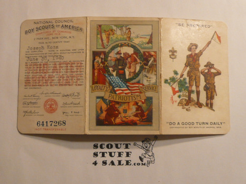 1940 Boy Scout Membership Card, 3-fold, with envelope, 7 signatures, June 1940, BSMC334